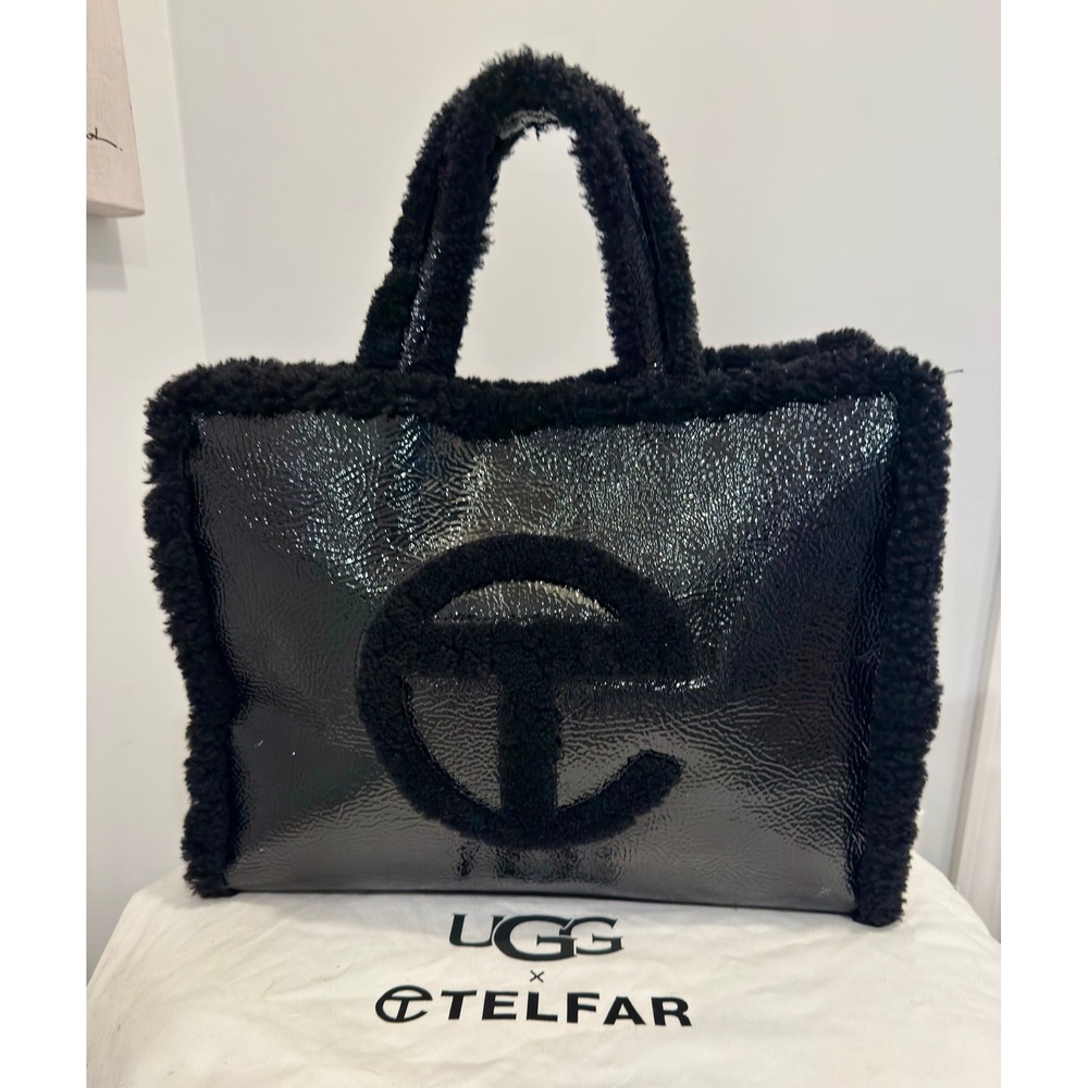 UGG x Telfar Medium Shopping Bag Black Crinkled Patent Leather Shearling Tote